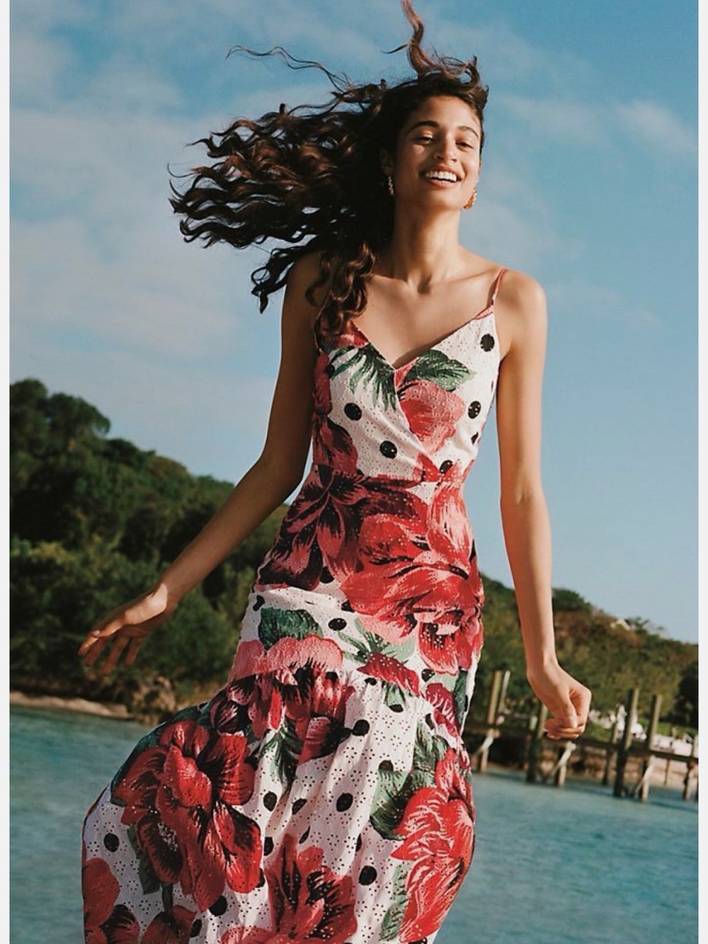 FARM Rio Red Floral Slip Maxi Dress with Black Dot Accents - Picture 1 of 6